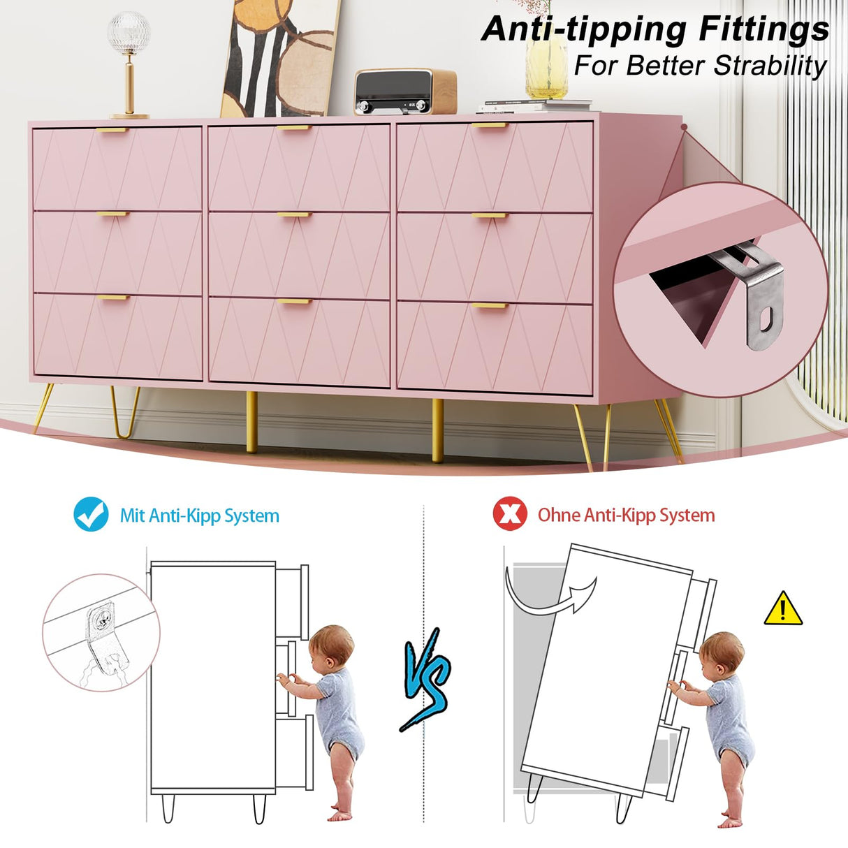 Anbuy 9 Drawer Dresser and Night stand Sets for Bedroom, Two Drawers Nightstand Set of 2 & 9 Drawer Dresser Combo 3 Pieces (Pink) Anbuy