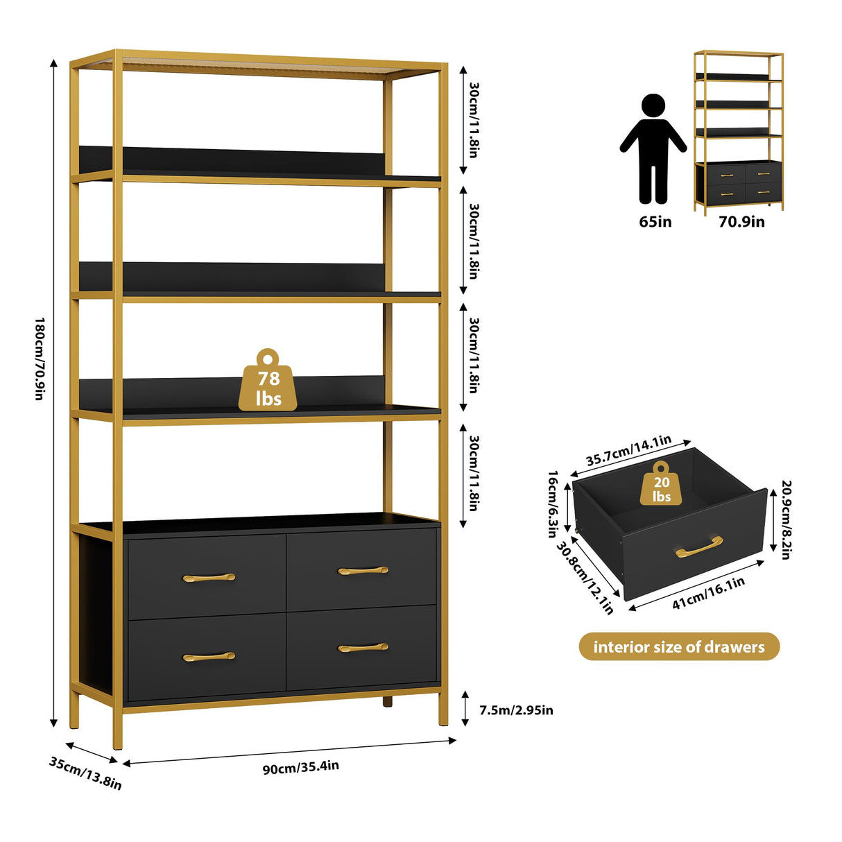 HITHOS 5 Tier Bookshelf with Drawers, 71" Tall Bookcase with Shelves, 35.4" Wide Free Standing Book Storage Shelf, Modern Wood Display Cabinet for Living Room, Study, Home Office, Gold Black HITHOS