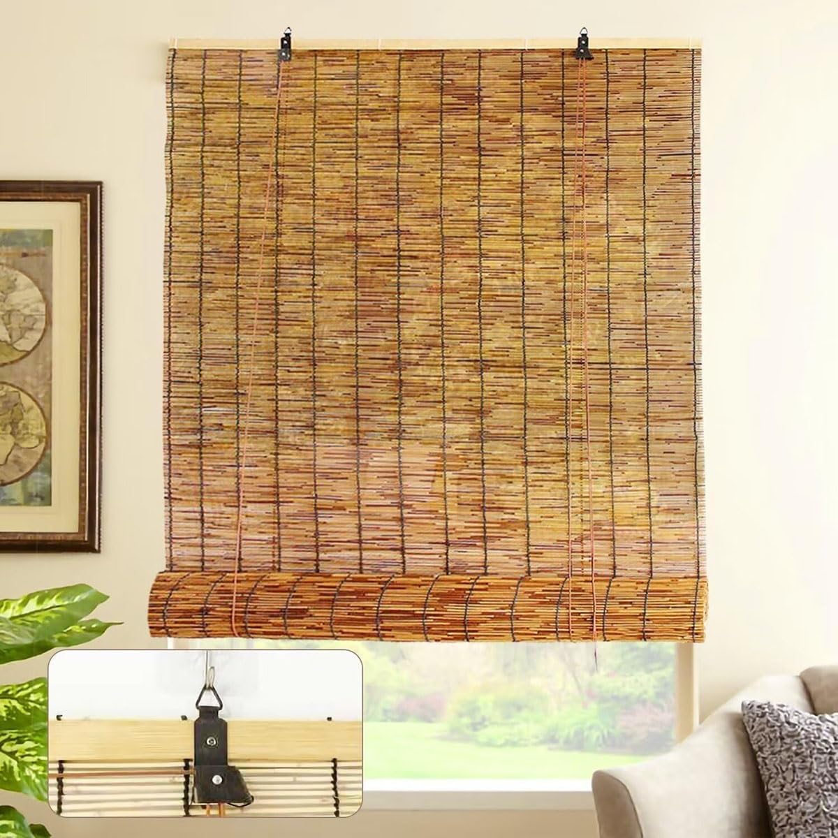 26" 34" 36" 40" 42" 46" 48" 54" 60" 66" 72" Wide, Blackout Bamboo Roll Up Shade For Outdoor Patio Privacy, Bamboo Roller Blind With Lift, Cordless Bamboo Roman Window Curtain For Balconies(36"W x 84"H ZXBMYLV