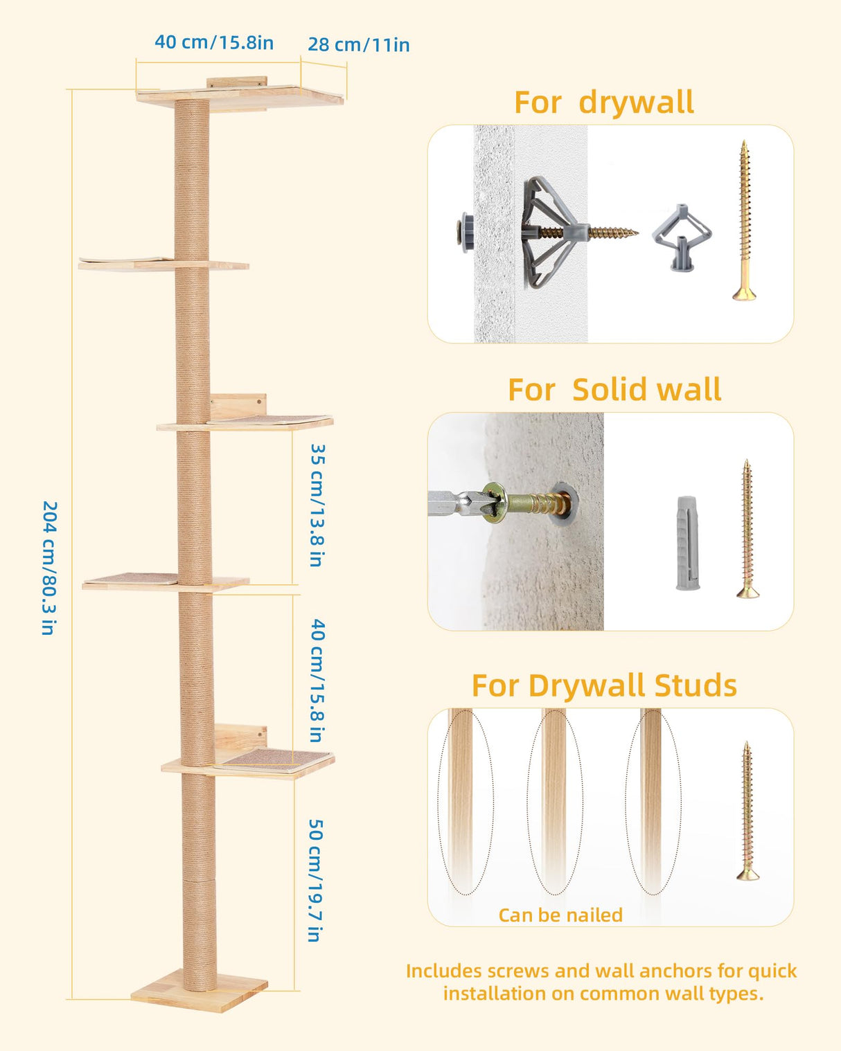 Aechonow 80.3inch Floor to Ceiling Cat Tower on Wall with 5 Mats, Tall Cat Tree for Large Adult Cats, Jute Scratch Post, Large Wooden Perch Stairs Wall Shelves Aechonow