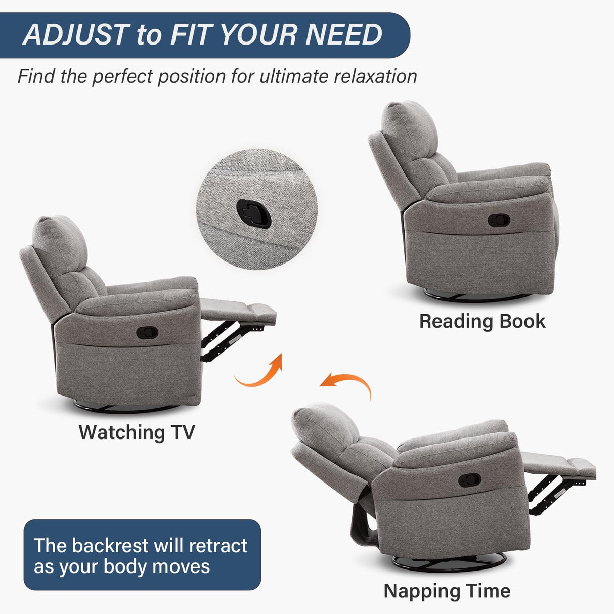 ANJ Swivel Rocker Recliner Chair, Manual Fabric Glider Nursery Recliner Chair, Single Rocking Modern Sofa Home Theater Seating for Living Room, Nursery (Silver) ANJ