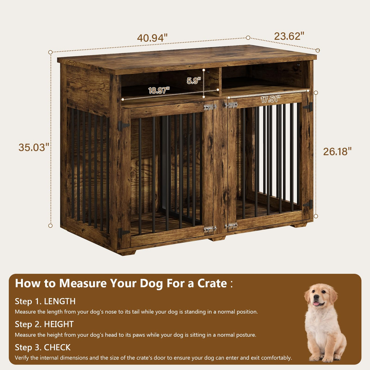 Dog Crate Furniture for 2 Dogs, 41 inch Dog Kennel Furniture with Removable Divider and Shelf Storage, Wooden Indoor Dog Crate for Large/Medium/Small Dogs, Rustic Brown, Farmhouse REVOMINCA