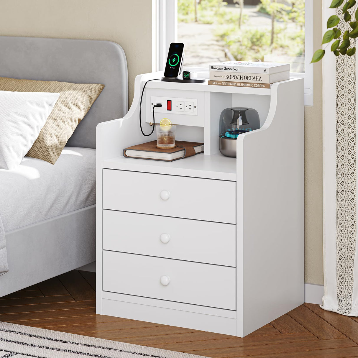 ADORNEVE Nightstand with Charging Station,White Night Stand with Hutch,Bedside Table with Drawers,Bed Side Table with Storage ADORNEVE