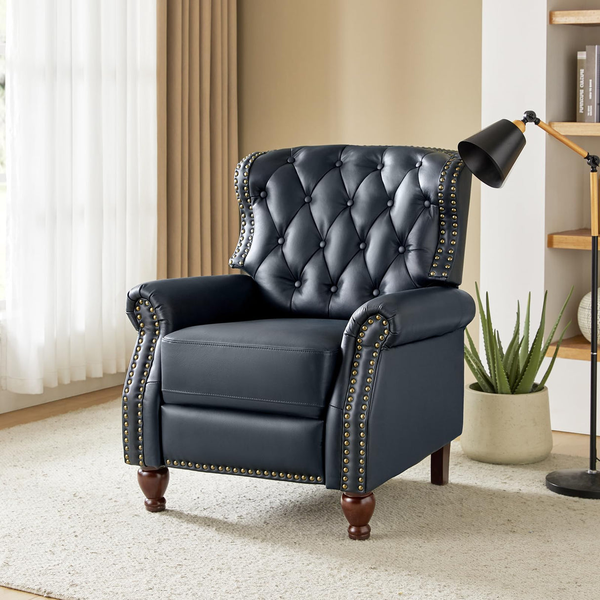 HULALA HOME Genuine Leather Recliner Chair with Solid Wood Feet, Modern Adjustable Tufted Push Back Arm Chair w/Rivet Decoration, Home Theater Seating Single Reclining Sofa for Living Room, Navy HULALA HOME