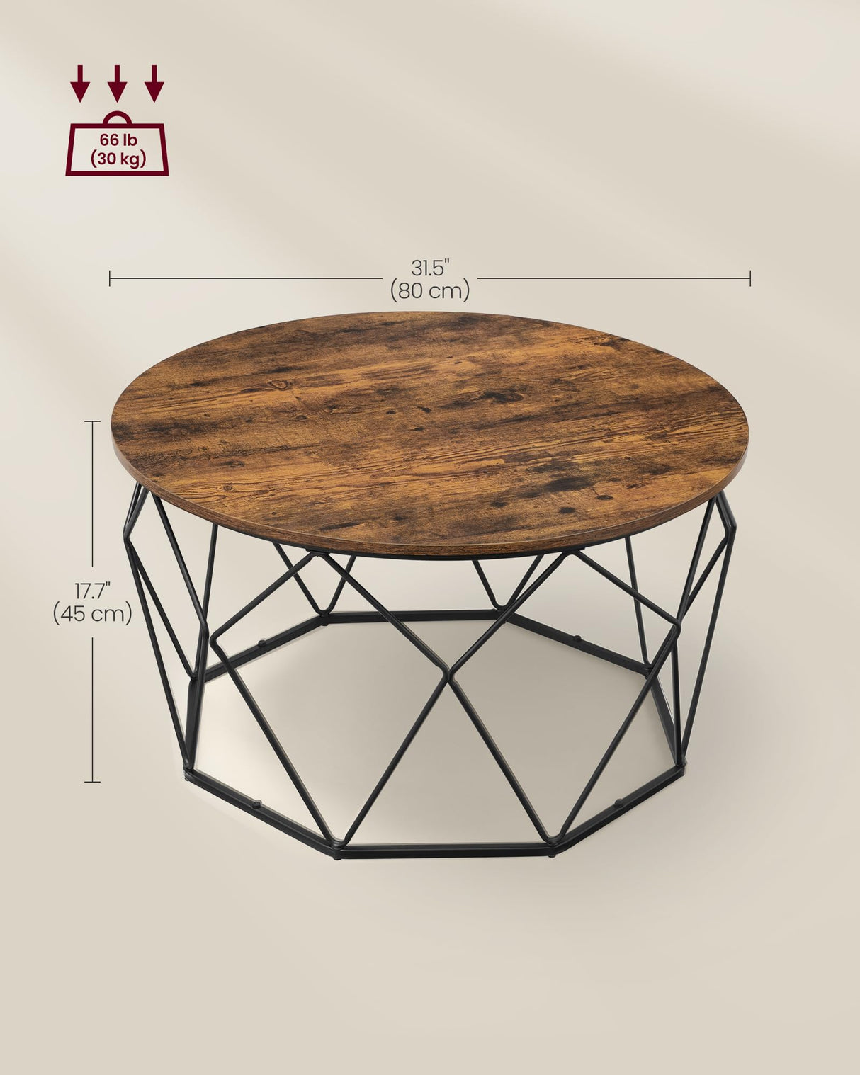 VASAGLE Round Coffee Table for Living Room, Cage Cocktail Table with Steel Frame, 31.5 Inches Dia., Industrial Style, Rustic Brown and Black ULCT040B01 VASAGLE