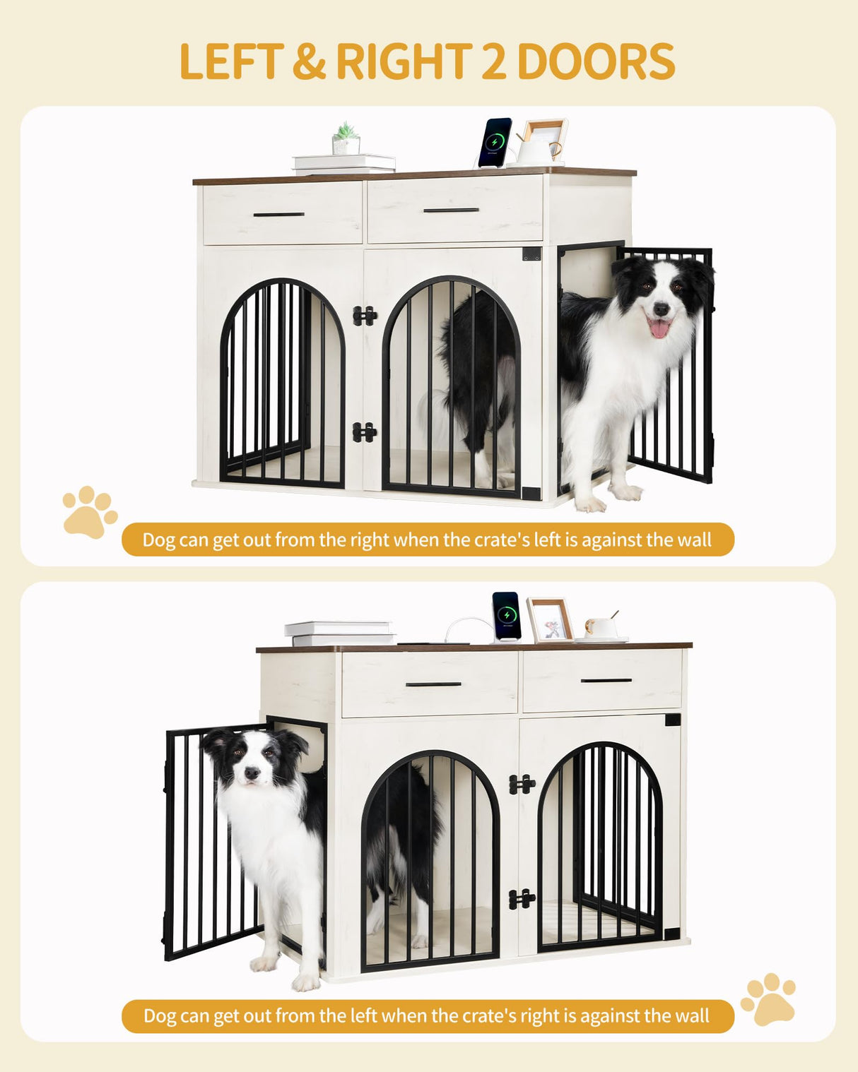 Hzuaneri 39.4'' Large Dog Crate Furniture with 2 Storage Drawers, Heavy Duty Dog Kennel Indoor with Charging Station, Wooden Dog Cage End Table Kennel for Medium/Large Dogs, White Brown DFC84214B Hzuaneri