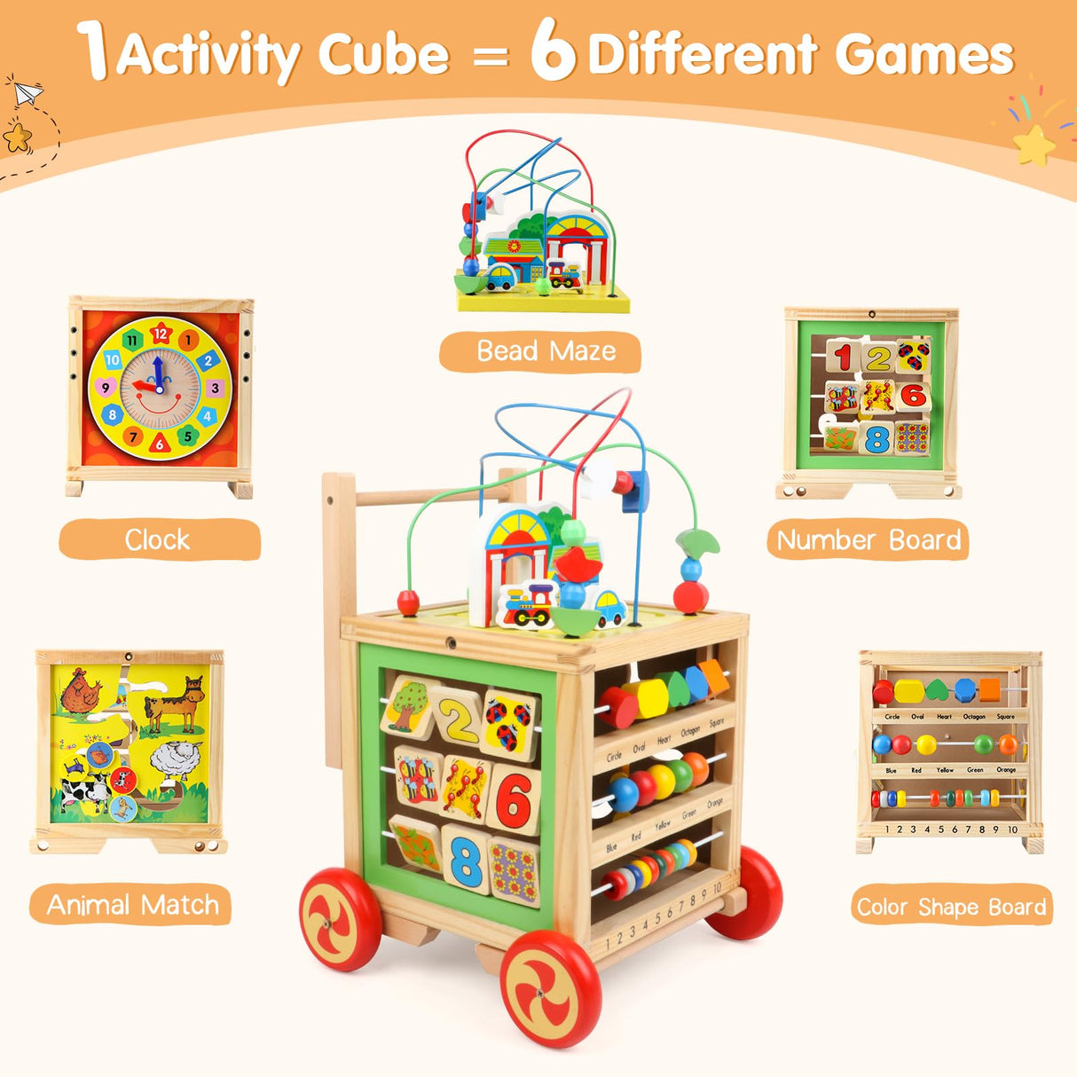 Wooden Activity Cube 6 in 1 Montessori Toys Educational Learning Sensory Toys for 1 Year Old 12-18 Months Boys Girls First Birthday Gifts for Baby Toddler Toys Age 1-2 Bead Maze Shape Sorter Abacus KABENFIS