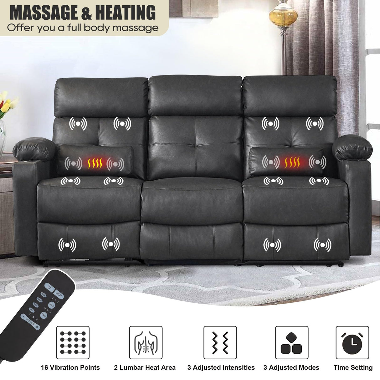 Consofa Power Reclining Sofa with Heat and Massage, Electtric Reclining Couch with Extended Footrest, Recliner Sofa 3 Seater with USB Ports, Cup Holders for Living Room, Home Seating Consofa