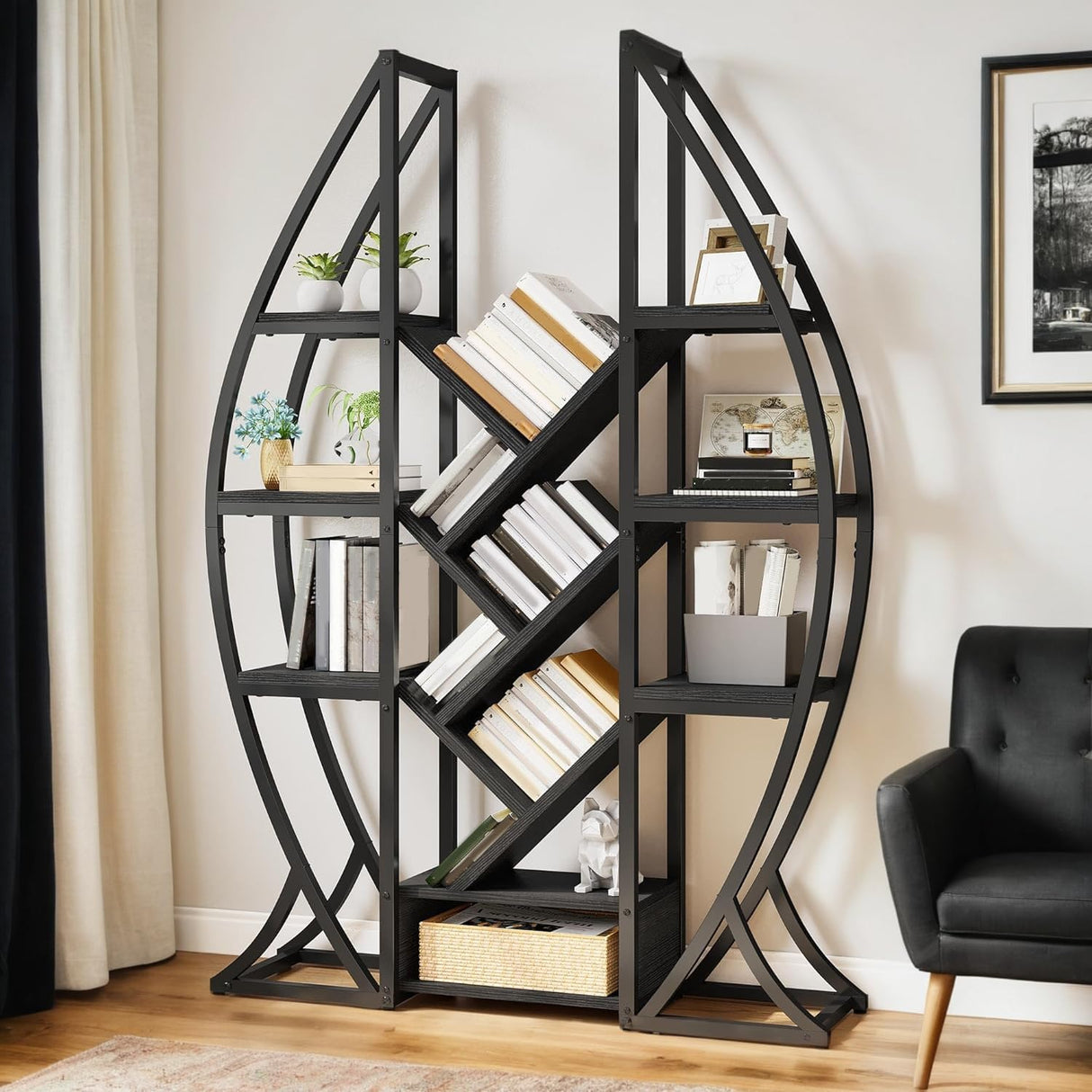 GOOBED Oval Bookshelf, Triple Wide 5 Tier Etagere Bookcase, Industrial Display Shelves Tree Bookshelf for Living Room, Bedroom, Home Office, Black GOOBED