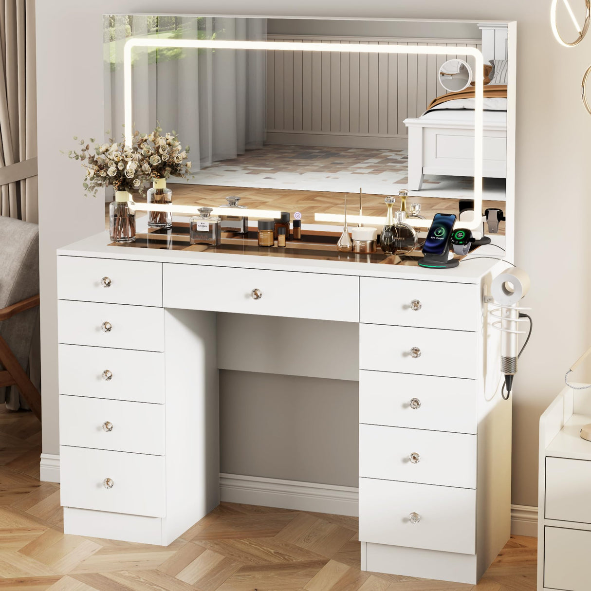 Otterease White Makeup Vanity, 11 Drawers Vanity Mirror with Lights, Makeup Vanity Desk with 3 Lighting Modes Adjustable Brightness, Vanity with Glass Top for Bedroom Otterease