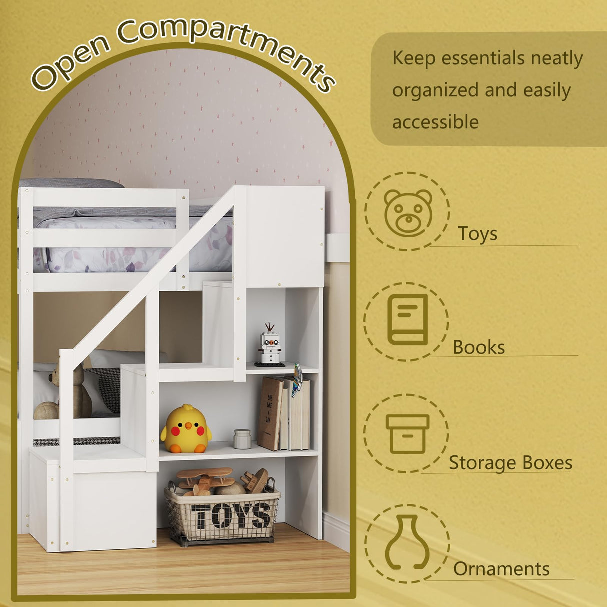 KOMFOTT Wood Twin Over Full Low Bunk Bed with Storage Staircase, Wooden Bunk Bed Frame with Full-Length Guardrails, Low Profile Bunk Bed with Slats Support, No Box Spring Needed (White) KOMFOTT