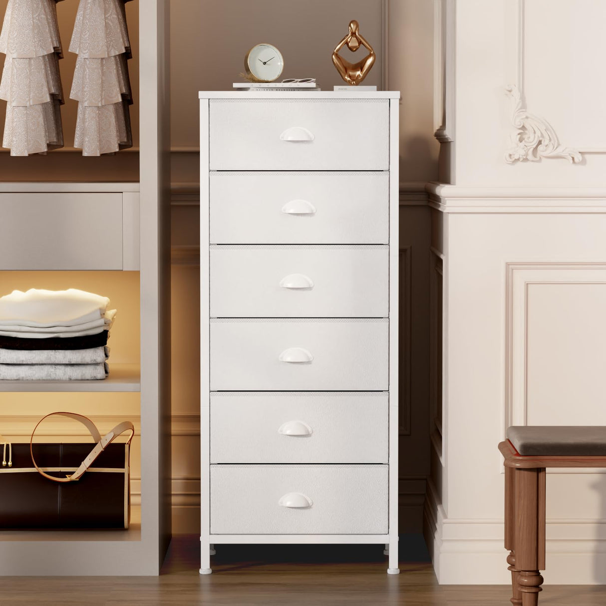 Furnulem White Tall Dresser for Bedroom,Vertical Storage Tower Unit and End Table with 6 Drawers, Nightstand Furniture with Fabric Drawer Organizer in Living Room,Closet,Entryway,Hallyway Furnulem