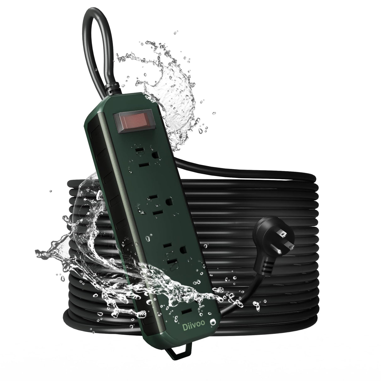 Outdoor Power Strip Weatherproof, 50 FT Extension Cord, Diivoo Waterproof Surge Protector with 4 Outlets, 1250W Shockproof Overload Protection, Flat Plug, Wall Mountable for Patio Christmas Lights Diivoo