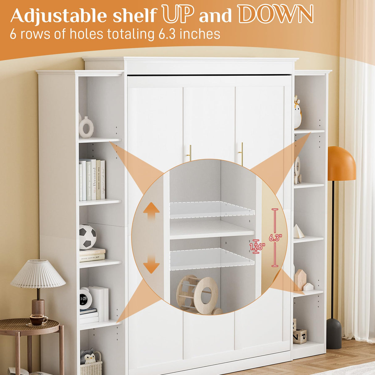 BEQAI Queen Murphy Bed with Storage Bookcase & 4 Adjustable Shelves, Foldable Space-Saving Queen Wood Wall Bedframe with Metal Legs, Hidden Bedframe for Guest Room, Study, Home Office, Bedroom, White BEQAI