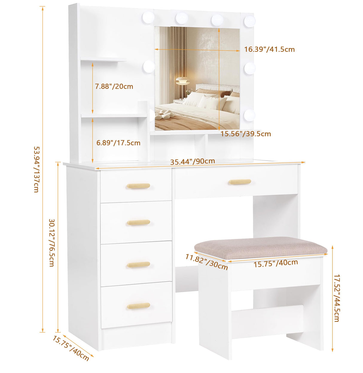 ANWBROAD Makeup Vanity Desk with Mirror and Lights Power Outlet 35.5" Vanity with Glass Top Dresser 3 Lighting Modes Brightness Adjustable White Vanity Desk with Drawers Shelves Bedroom Stool UBDT64W ANWBROAD