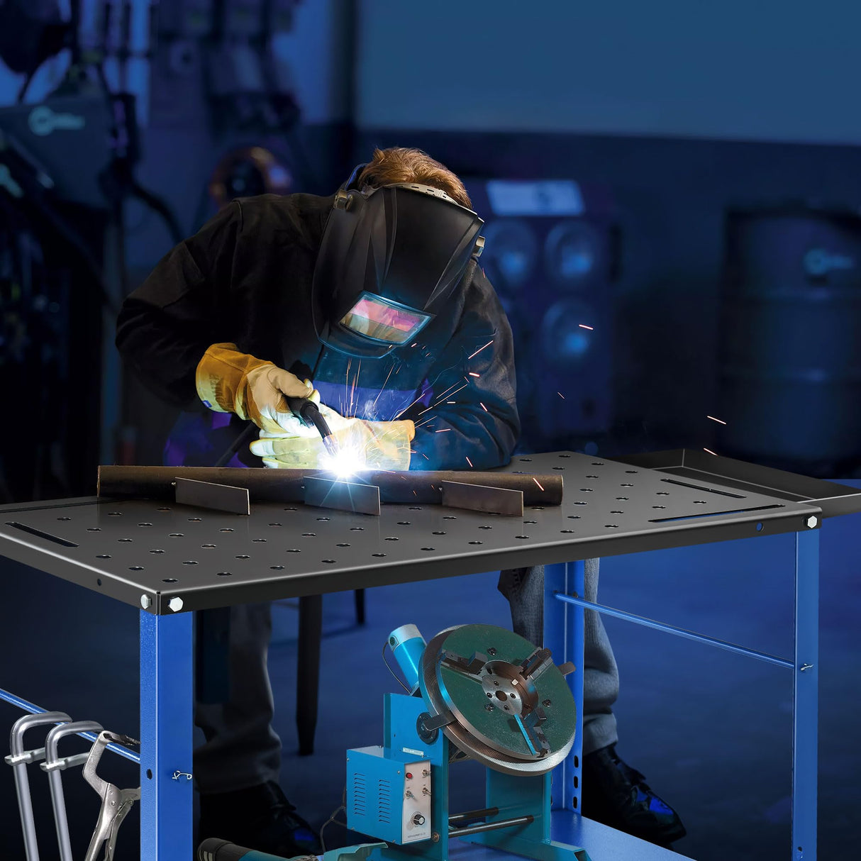 DWVO Portable Welding Table with Wheels, 36" x 18" Rolling Welding Table Top with 5/8" Fixture Holes & Storage Tray, 1200lb Load Capacity Metal Welding Bench, Extra Middle Shelf for Convenient Storage DWVO