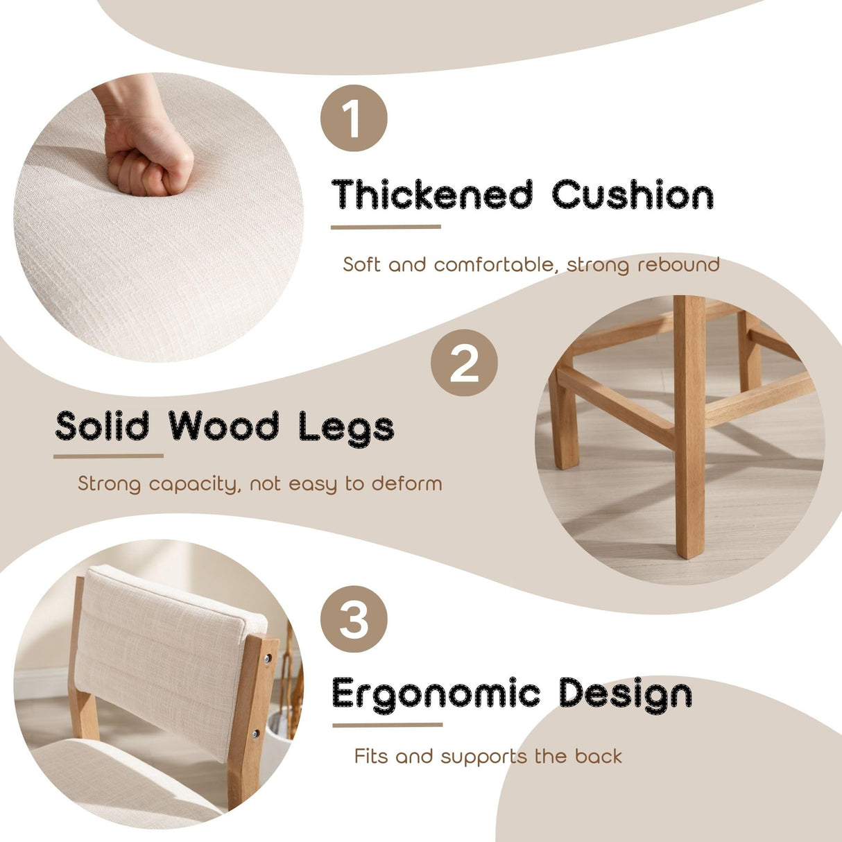 RIVOVA 26" Bar Stools Set of 2 Counter Height Bar Stools for Kitchen Counter, Modern Upholstered Barstools with Back and Wood Legs Linen Stools Farmhouse Island Chairs, Beige RIVOVA