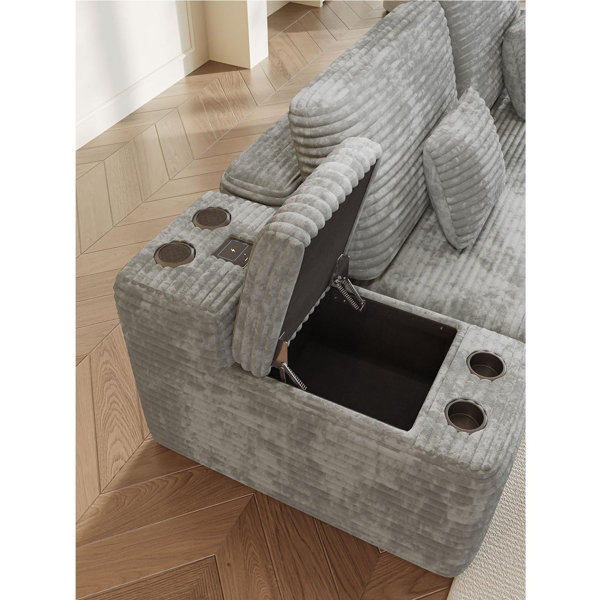 KEIKI 150" U-Shaped Oversized Corduroy Modular Sectional Sofa with 2 Ottomans and Multi Functional Console, 6-Seater Upholstered Couch with USB and 2 Cup Holder, Easy Assembly, for Living Room, Grey KEIKI