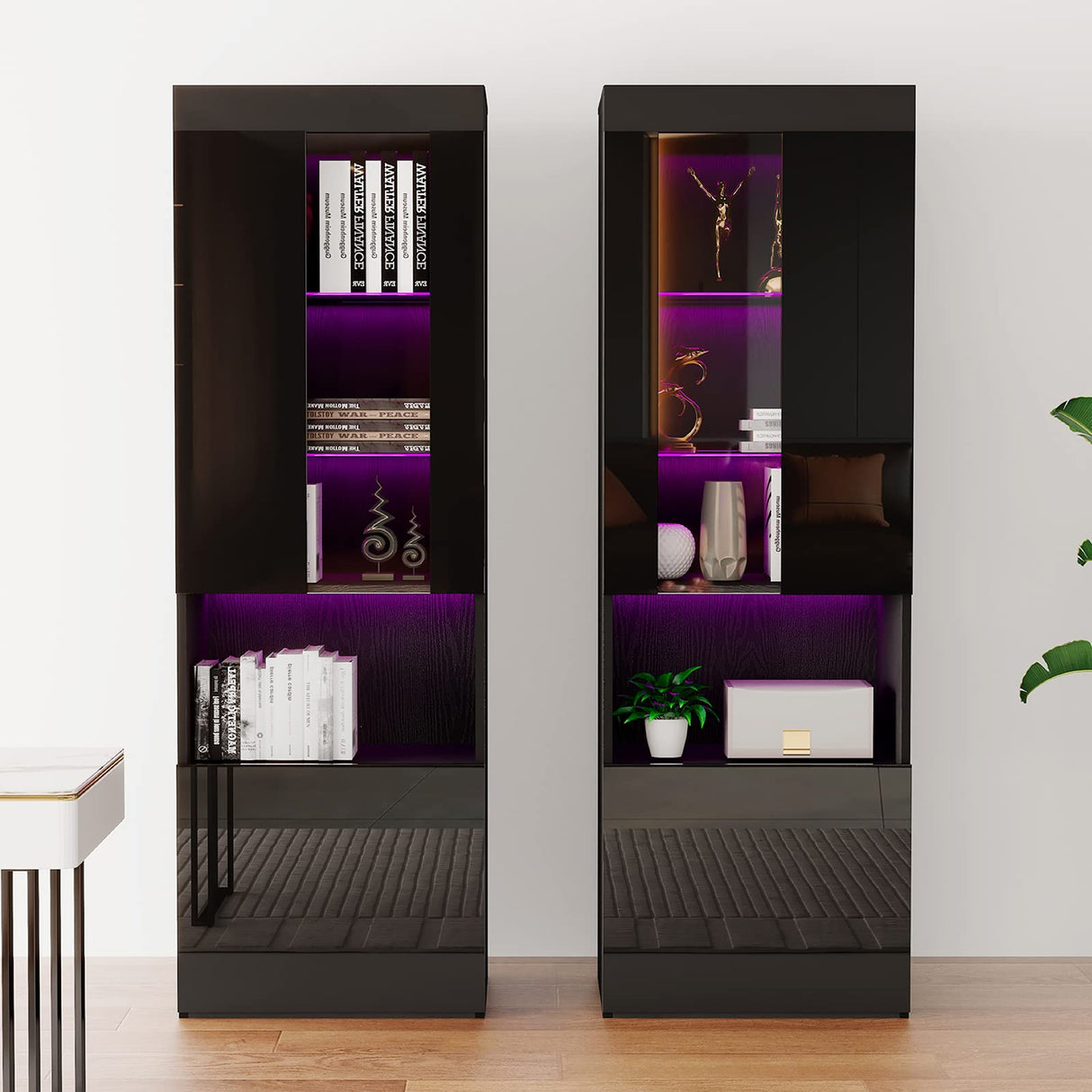 AMERLIFE Modern 71in Tall LED Bookcase Storage Cabinet with Glass Doors - Set of 2 AMERLIFE