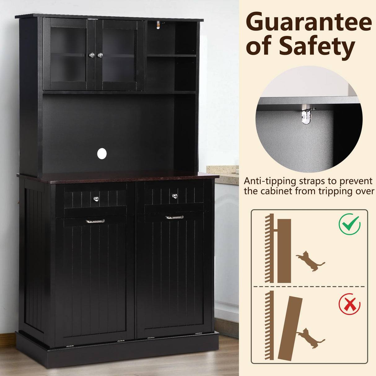 LOUVIXA Kitchen Pantry Storage Cabinet, Microwave Cabinet with Tilt Out Trash Cabinet,Tall Pantry Cabinet Cupboard, Freestanding Kitchen Hutch (Classic Black) LOUVIXA