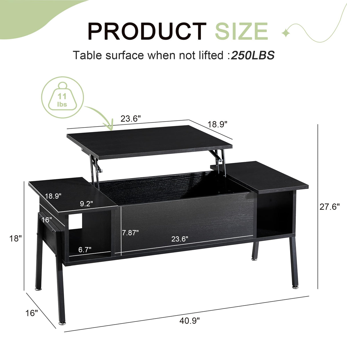 VECELO Wood Lift Top Coffee Table with Hidden Compartment and Storage Shelf for Living Room/Office Reception, Rising Tabletop, Brown, Large, Black VECELO