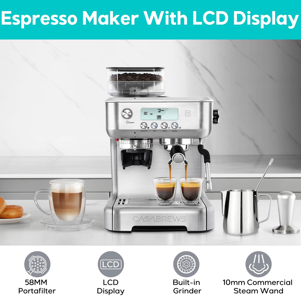 CASABREWS Espresso Machine with Grinder, Professional Coffee Maker with Milk Frother Steam Wand, Barista-Quality Cappuccino Latte Machine with LCD Display, Great for Coffee Enthusiasts CASABREWS