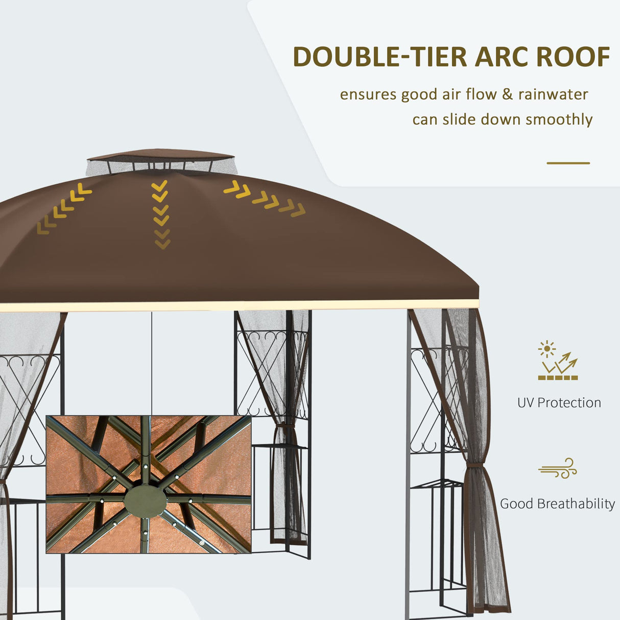 Outsunny 10' x 10' Patio Gazebo with Corner Shelves, Double Roof Outdoor Gazebo Canopy Shelter with Removable Mesh Netting, for Garden, Lawn, Backyard and Deck, Brown Outsunny