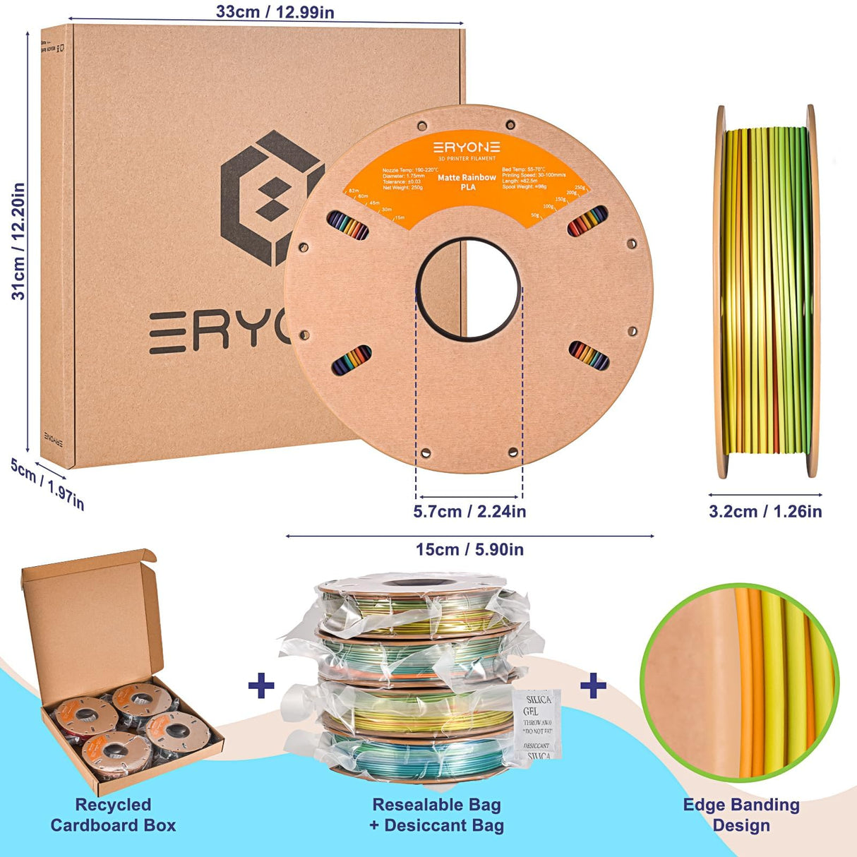 ERYONE Silk Rainbow Filament PLA 1.75mm for 3D Printer +/- 0.03mm, 0.25kg*4 Spools, Palette, Mountain Mirage, Sunset, Waterfall Rainbow ERYONE