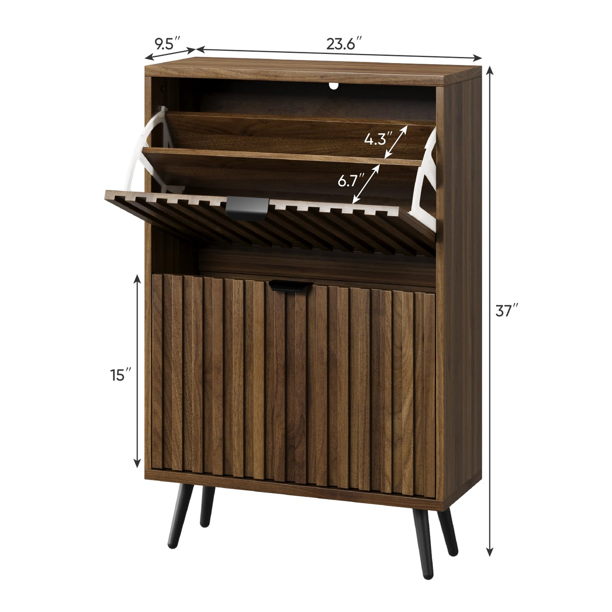 Smuxee Shoe Cabinet with 2 Flip Drawers, 23.6" Walnut Hidden Shoe Storage Cabinet with Fluted Design, Freestanding Shoe Organizer Cabinet for Entryway, Hallway, Closet, Living Room Smuxee