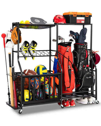 EXTCCT Garage Sports Equipment Organizer with Wheels - Golf Bag Storage Rack and Ball Storage Bins, Heavy Duty Rolling Garage Organizer System with Basket and Hooks for Indoor/Outdoor Sports Gear