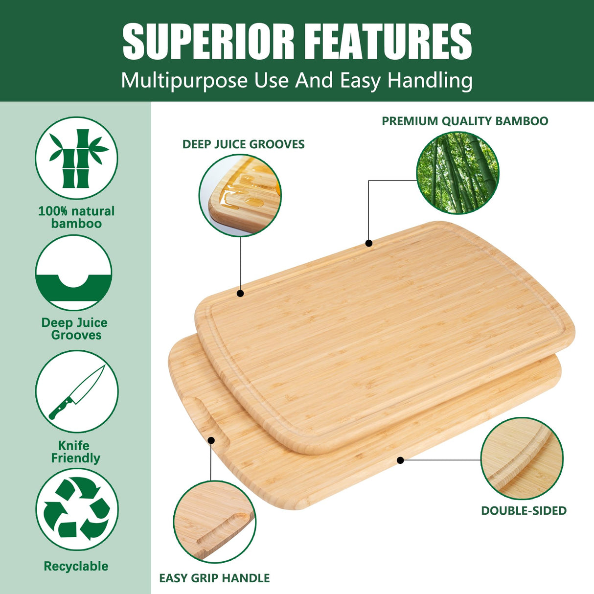 Baoee Cutting Boards for Kitchen-Made of Organic Bamboo Cutting Board Set of 3,Wood Cutting Boards with Deep Juice Grooves,Charcuterie Boards,Butcher Block Cutting Board,Easy Grip Handle Baoee