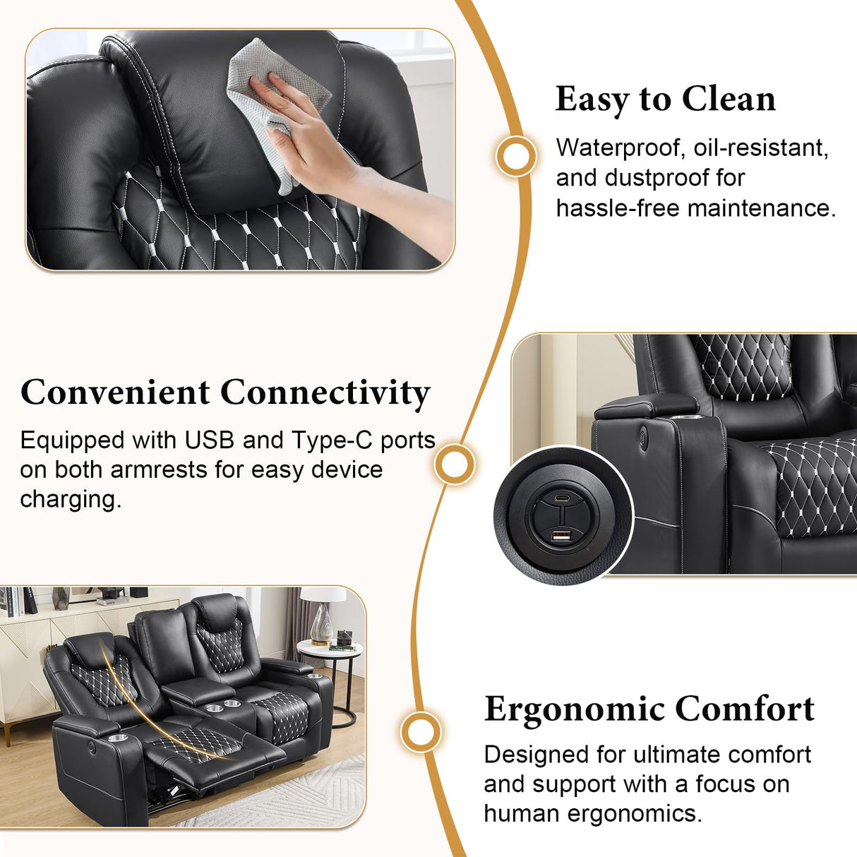 ANJ Reclining Loveseat,Power Recliner Sofa with USB Ports and Cup Holders - Overstuffed Electric Living Room Seating PU Leather Double Recliner with Hidden Arm Storage, Easy to Clean (Black) ANJ