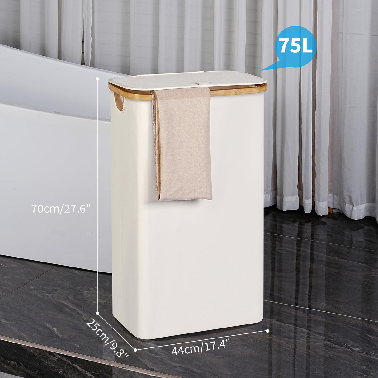 efluky Slim Laundry Basket with Lid, Narrow Laundry Hamper with Removable Bag, Skinny Dirty Clothes Basket with Bamboo Handles for Bathroom, Bedroom & Laundry Room, 75L Beige efluky