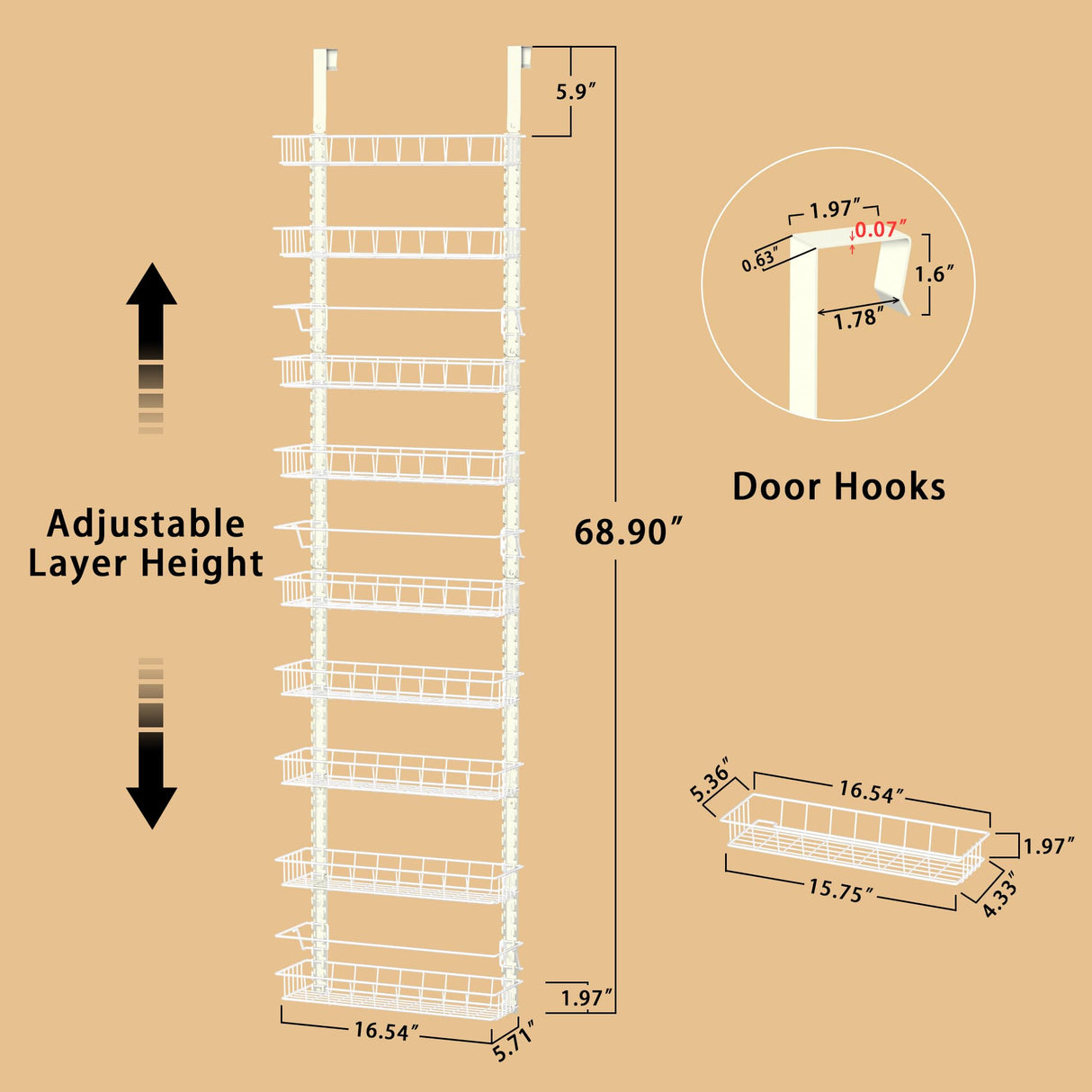 Churboro Over the Door Pantry Organizer Rack with 9 Adjustable Baskets, 9 Tiers Dual-use Hanging or Wall Mount Spice Rack Organizer, White Churboro