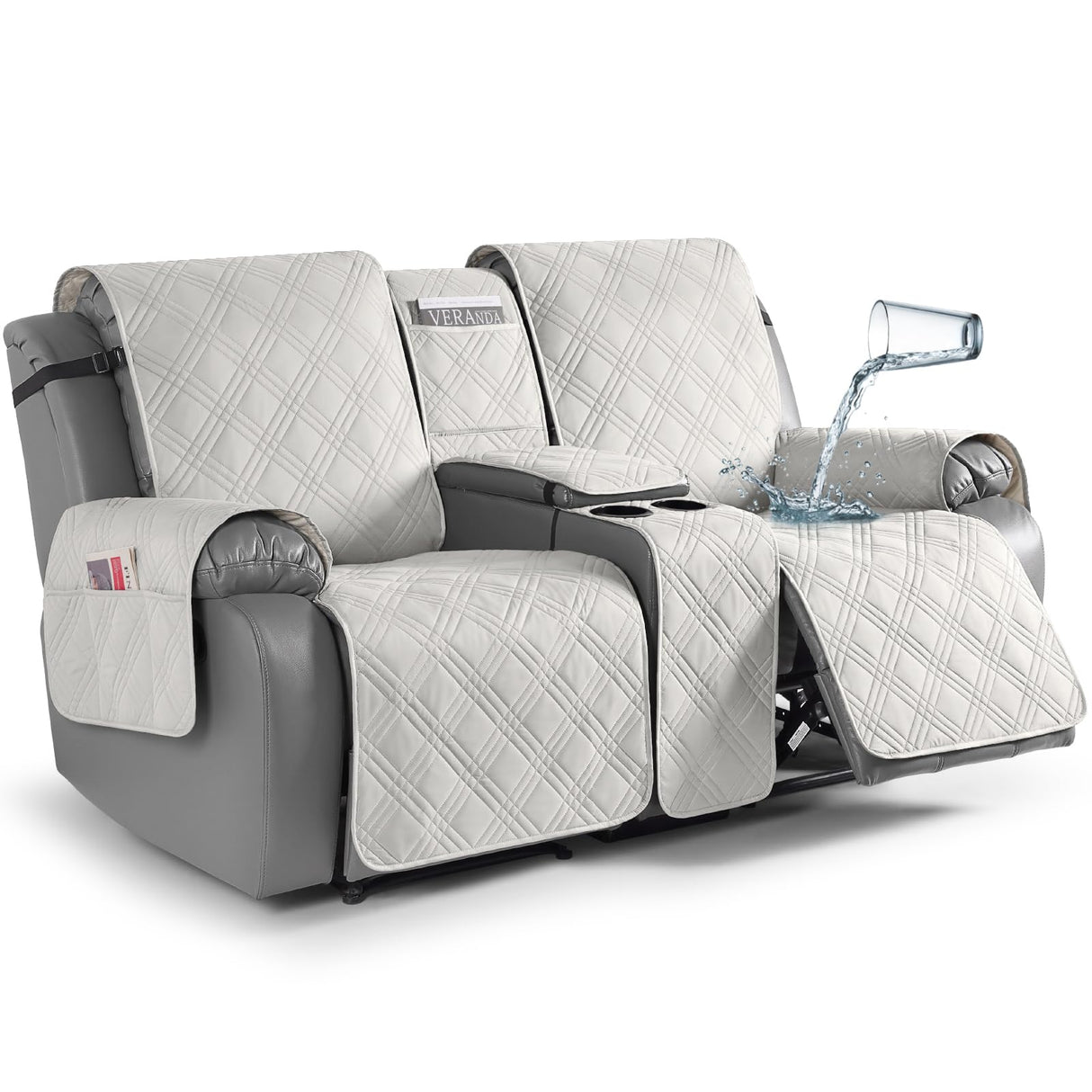 TAOCOCO Loveseat Recliner Cover with Console, Non-Slip Split Reclining Pet Cover for Dual Loveseat Recliner, Furniture Protector with Elastic Straps (2 Seater, Off White) TAOCOCO