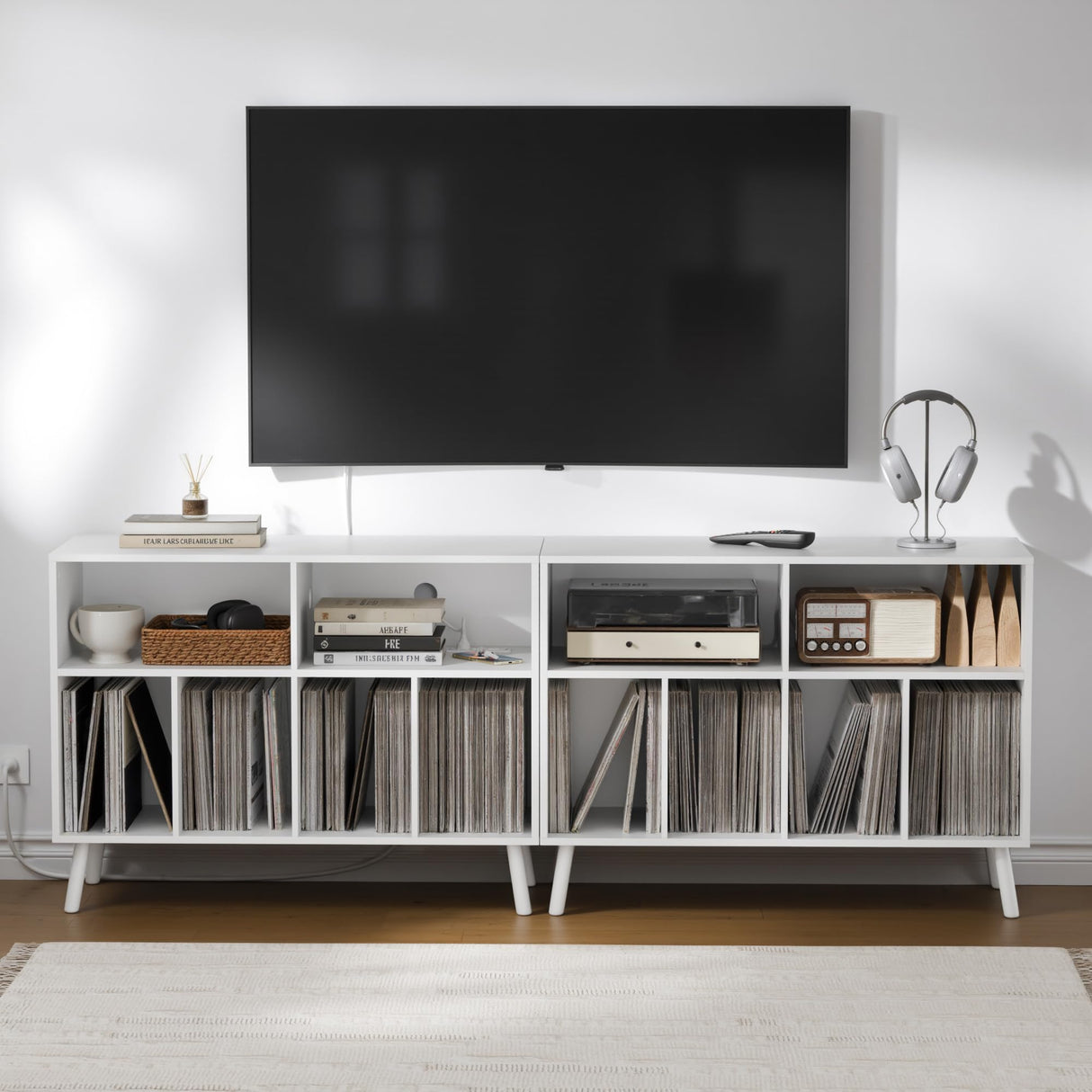 Cozy Castle Record Player Stand, Turntables Stand with Charging Station and Vinyl Record Storage Holds up to 350 Albums, Record Stand Table for Living Room, Office, White Cozy Castle