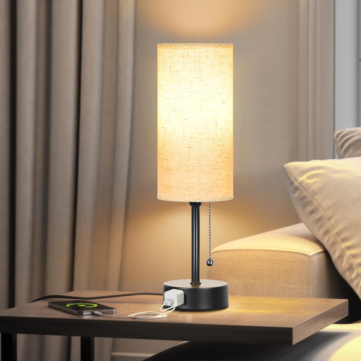 Dott Arts 15" Table Lamp for Bedroom, 3-Color Bedside Lamps with Pull Chain, Bedroom Table Lamps for Nightstand,AC Outlet Small Lamp for Living Room, Bulb Included Dott Arts