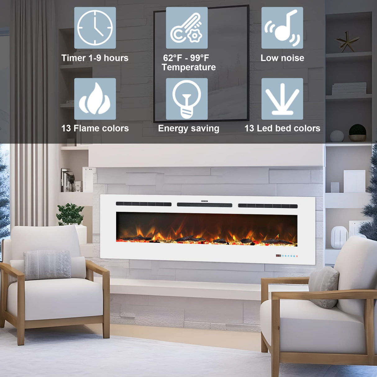 Kentsky 72 inches Electric Fireplace Inserts, Recessed and Wall Mounted Fireplace Heater, Linear Fireplace w/Thermostat, Touch Screen, Multicolor Flame, Timer, Log & Crystal, 750W/1500W, White Kentsky