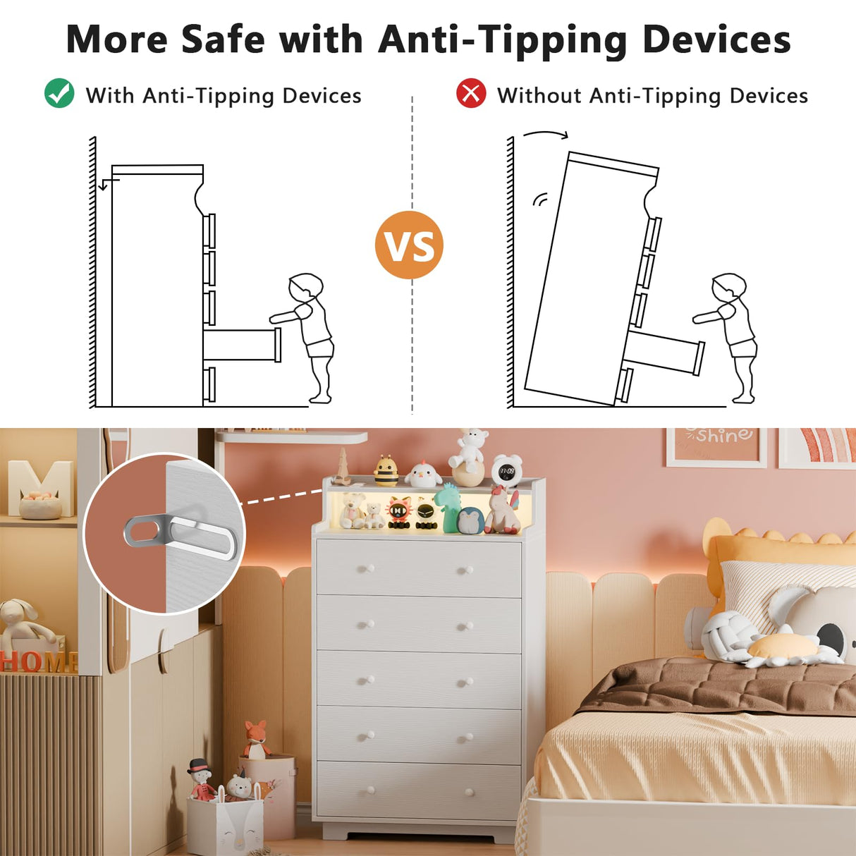 Furnulem Tall Chest of Drawers for Bedroom,5 Drawer Dresser with Charging Station and LED Light,Wood Deep Slide Drawer for Clothes,Blanket in Living Room, Closet,Entryway,White Dresser Furnulem