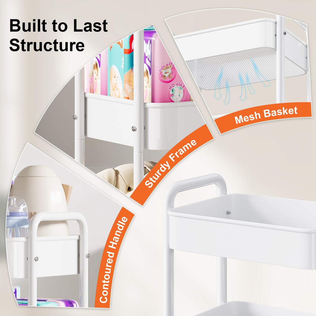 3 Tier Rolling Cart Metal, White Utility Cart with Lockable Wheels, Mesh Rolling Storage Cart Organizer on Wheels, Three Tiered Craft Cart for Kitchen, Bathroom, Office,Laundry Room, Art, Baby Diaper WBKATN