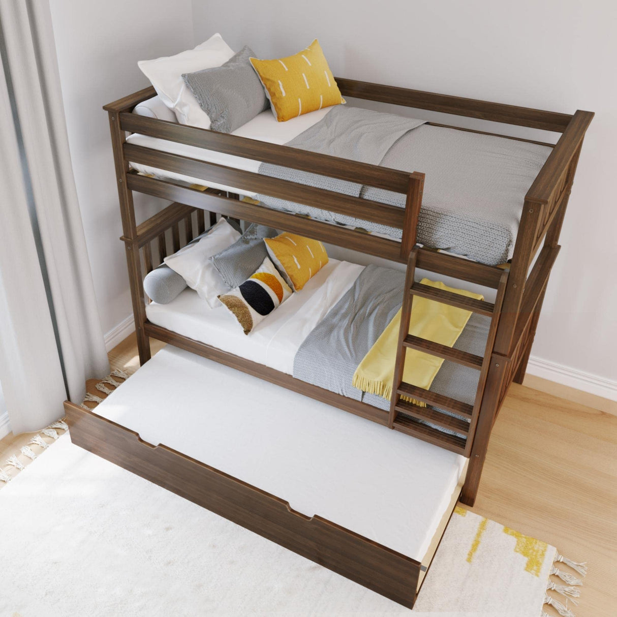 Max & Lily Bunk Bed, Twin-Over-Twin Bed Frame for Kids with Trundle, Walnut Max & Lily