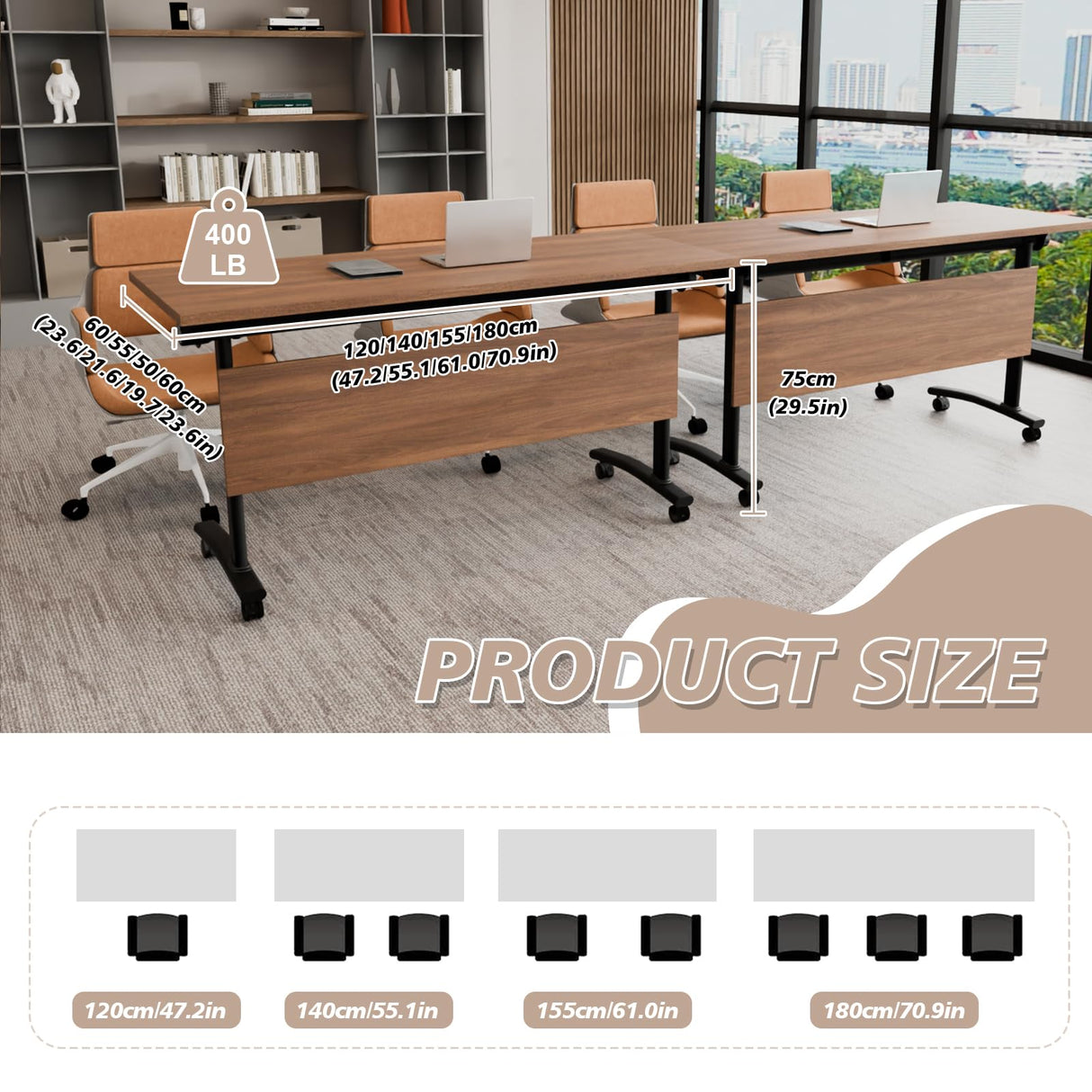 Modern Conference Table,4PCS Folding Conference Table with 360°Mobile Wheels,Office Conference Room Table for 4-6 Person,Modular Meeting Table (Walnut, 47in) Generic