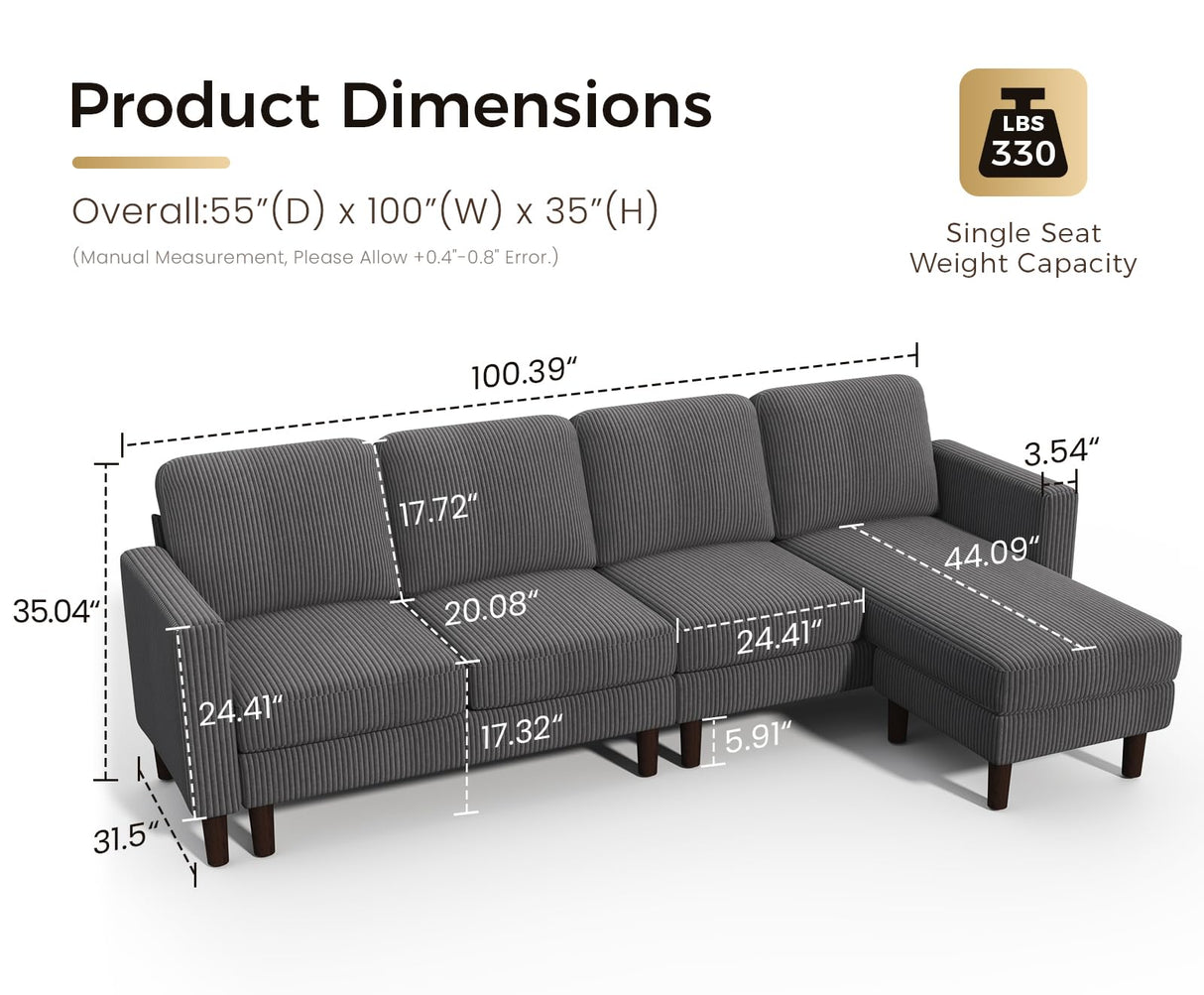 KKL L Shaped Sectional Couches for Living Room, Corduroy Sofa Couch with Convertible Chaise, 4 Seat Comfy Couch for Apartment, House, Dark Grey (Grey, 100 inches) KKL