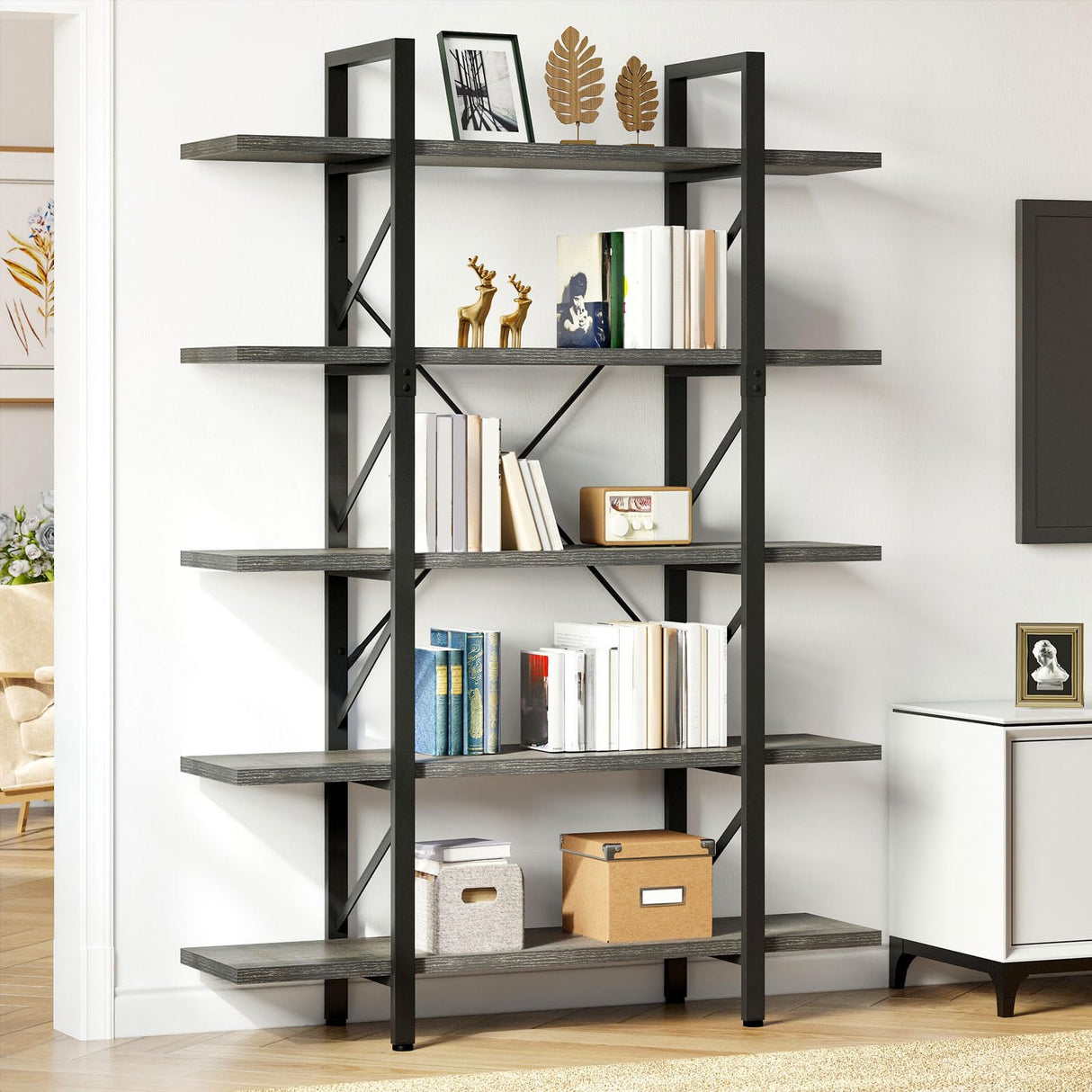 DWVO 5-Tier Bookshelf, 70.9" Tall Bookshelves Vintage BookCases with 5 Shelves Display Storage Shelves for Home Office, Living Room, Charcoal Gray DWVO