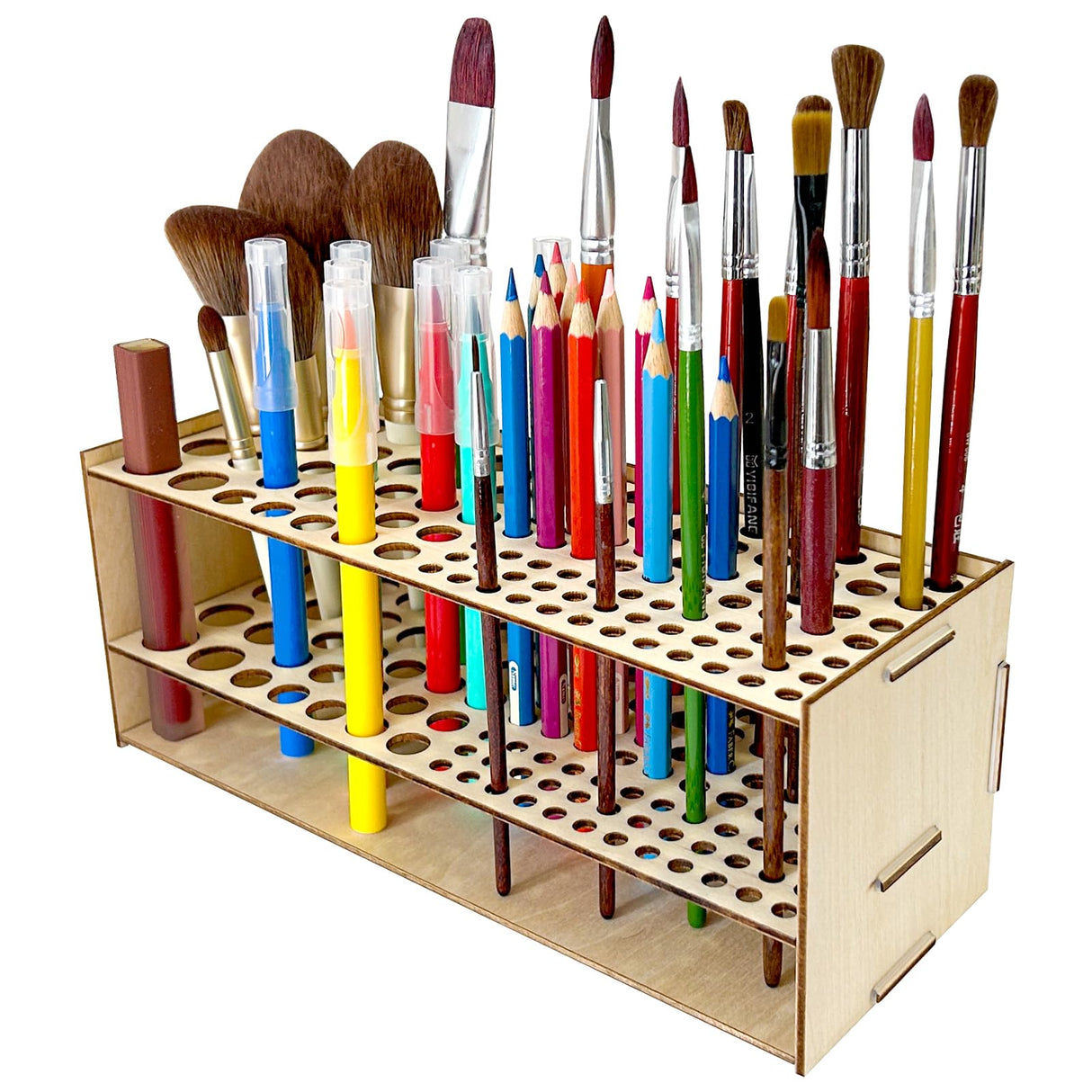 HESHUYU Wooden Paint Brush Holder 105 Holes Paintbrush Holder Organizer Paint Brush Stand Rack with Silicone Rings for Pens Pencils Artist HESHUYU