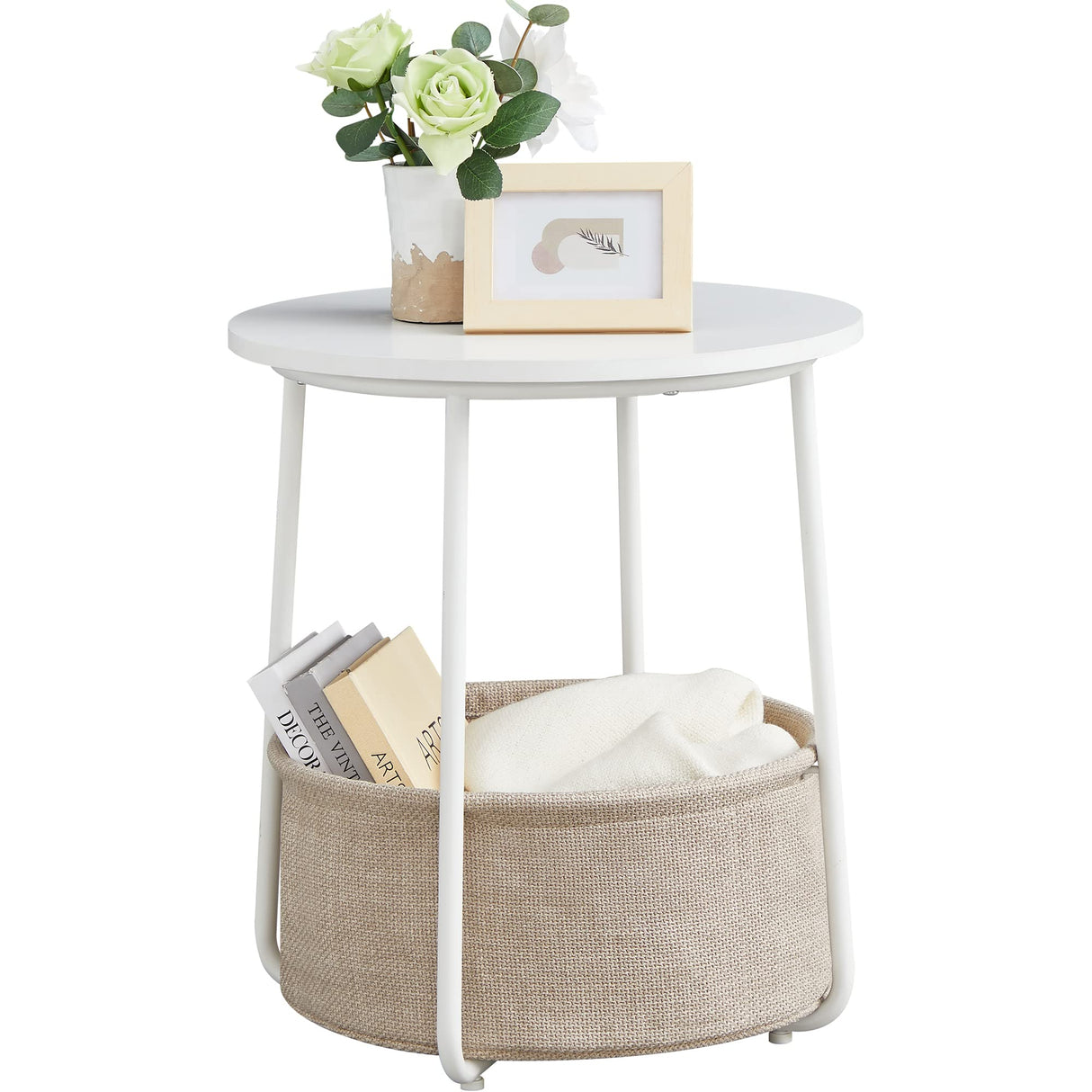 VASAGLE End Table, Small Bedside Table with Fabric Basket, Modern Nightstand, Round Side Table, for Living Room, Bedroom, Matte White and Camel Brown ULET223W10 VASAGLE