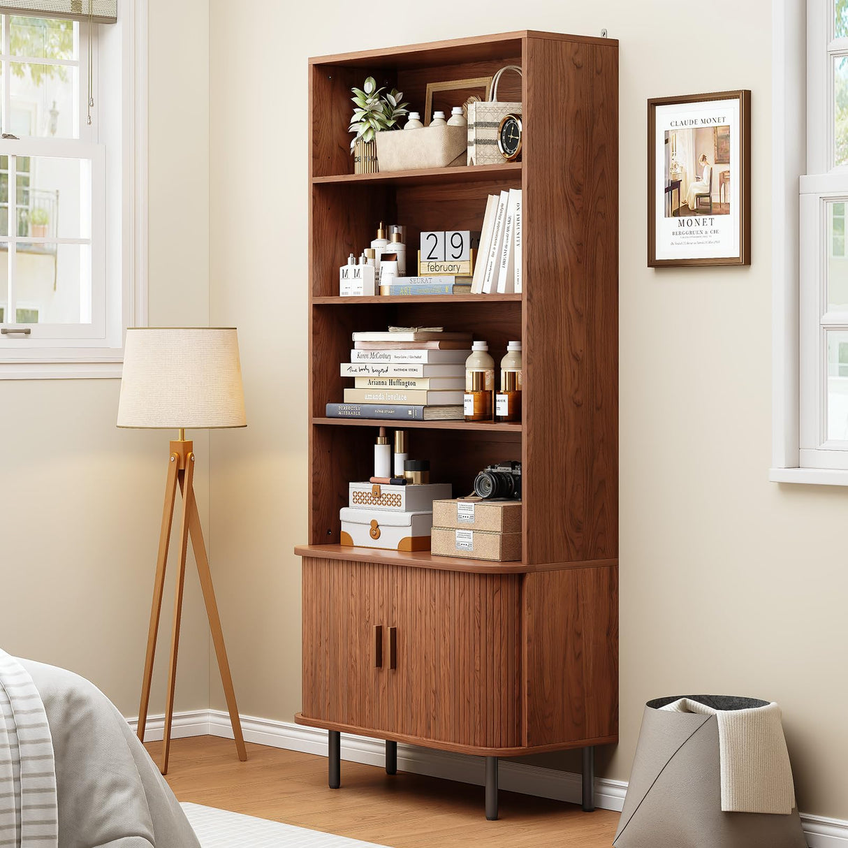 ONBRILL 71" Tall Bookshelf, 4-Tier Bookcase with Storage Cabinet & Adjustable Storage Shelf, Freestanding Wood Bookshelf with Sliding Door and Adjustable Footpad, for Home Office, Living Room, Walnut ONBRILL