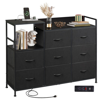 WLIVE Black Dresser TV Stand for Bedroom with Charging Station and Open Shelves, Fabric Dresser with 8 Drawers and Wood Top, Wide Storage Chest of Drawers for Living Room, Hallway