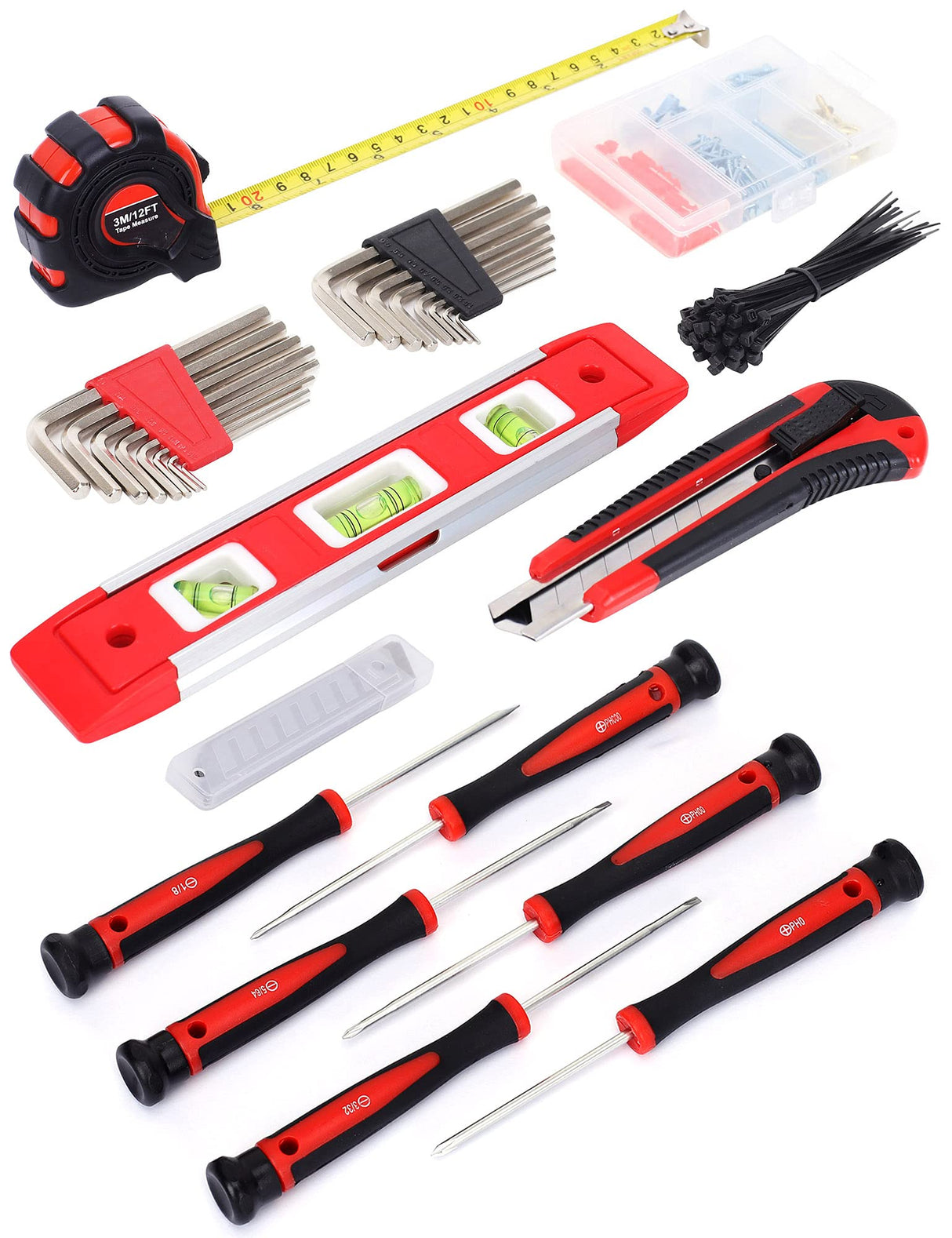FASTPRO 215-Piece Home Repairing Tool Set with 12-Inch Wide Mouth Open Storage Bag,Household Hand Tool Kit,Red FASTPRO
