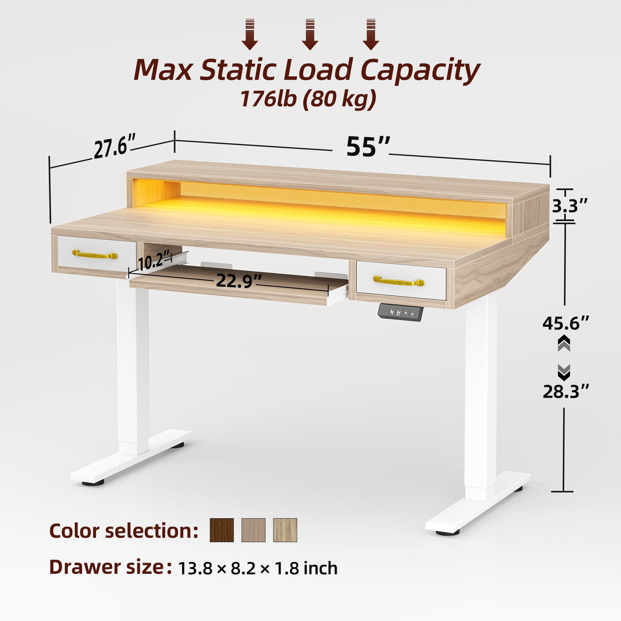 TIQLAB 55 x 28 Inch Height Adjustable Electric Standing Desk with Double Drawers&Keyboard Tray, Stand Up Desk with LED Strips&Monitor Stand, Light Walnut TIQLAB